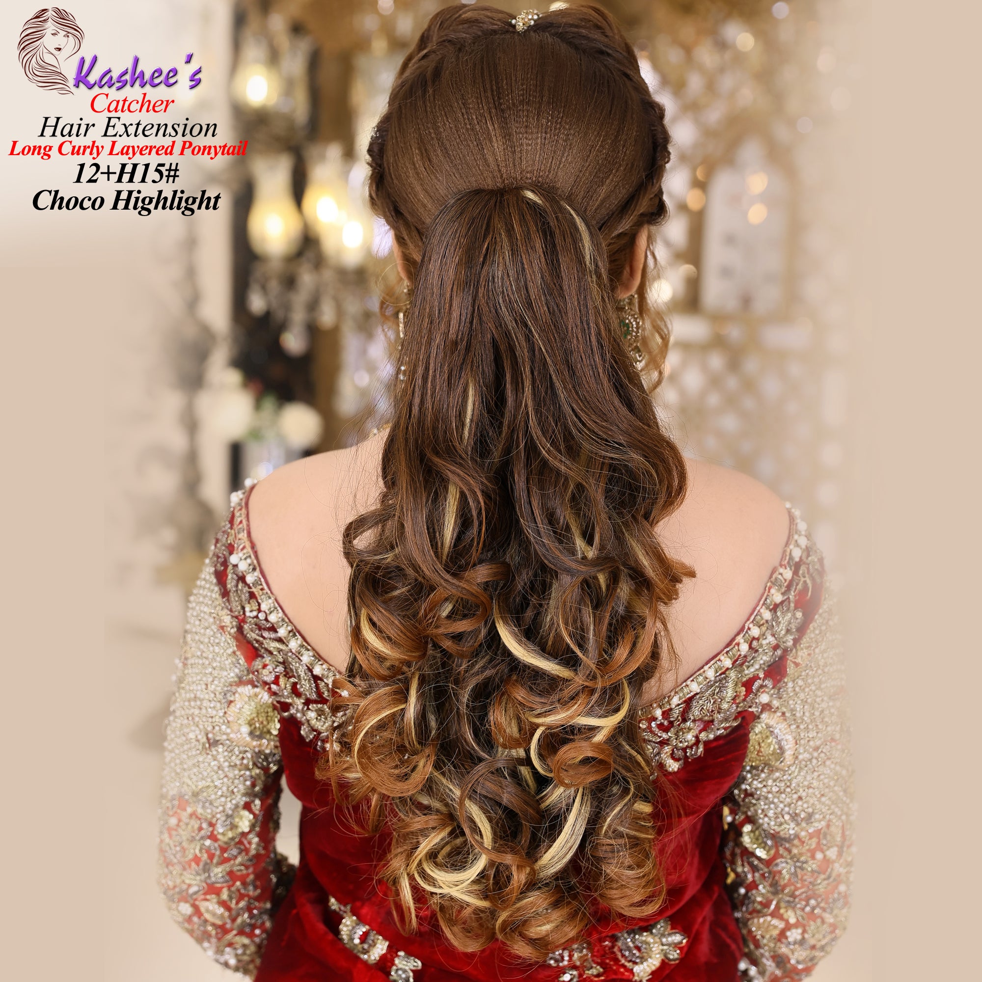 Choco Brown + Olive Gold Long Curly Layered Ponytail Catcher Extension