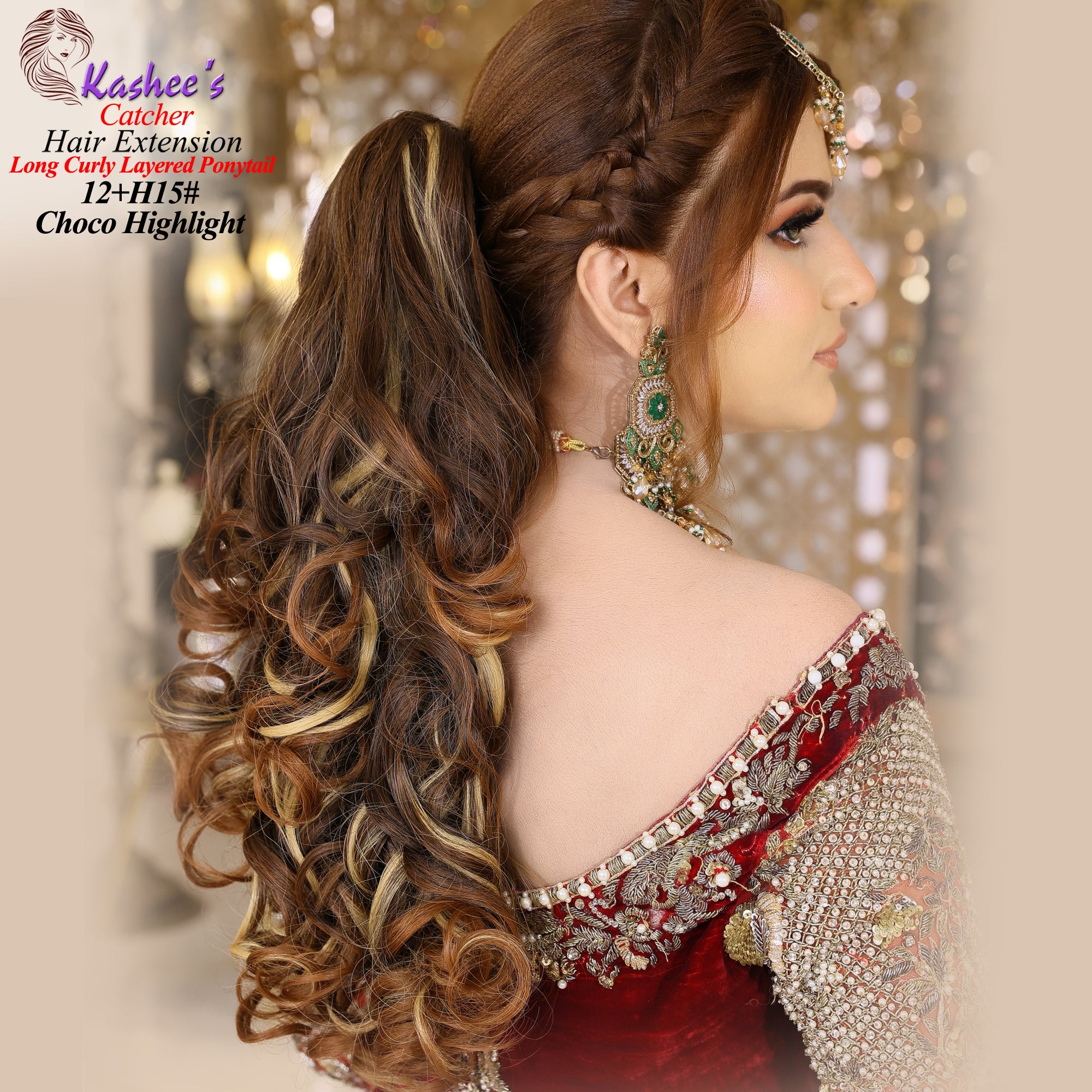 Choco Brown + Olive Gold Long Curly Layered Ponytail Catcher Extension